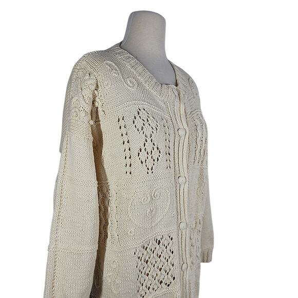 VTG Express Tricot Handknit Cardigan Cream L Patchwork Heart Cottagecore Minimal - Picture 2 of 12
